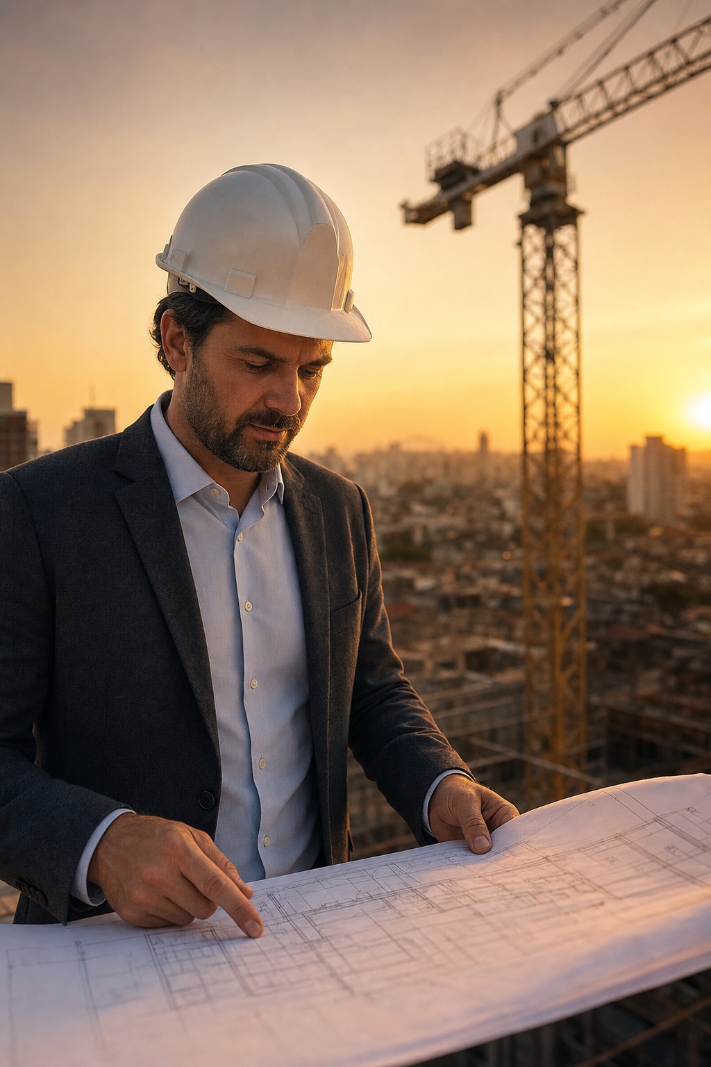 Incorporador analisando plantas no canteiro de obras